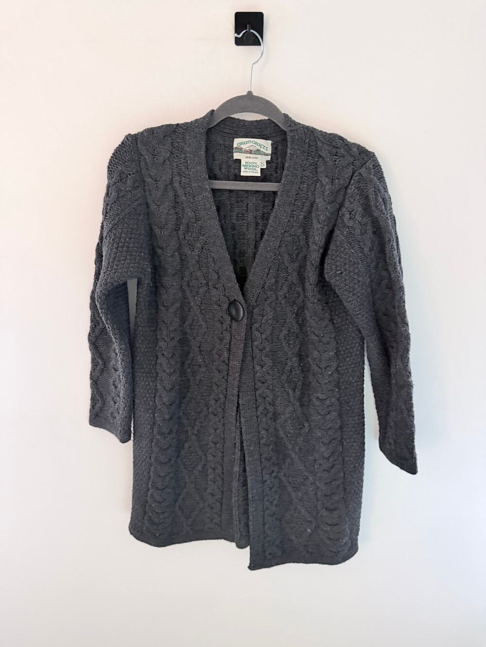 Vintage Aran Crafts Gray 100% Merino Wool Cable Knit Irish Cardigan-Size S